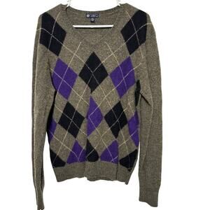 J Crew Vintage Lambswool Argyle Ladies XL Olive Purple Sweater Preppy Retro